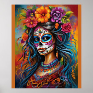 Poster Femme vibrante dans le maquillage crâne de sucre
