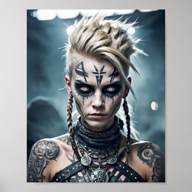 Poster Femme vicieuse viking avec tatouage rune et signe  (Devant)