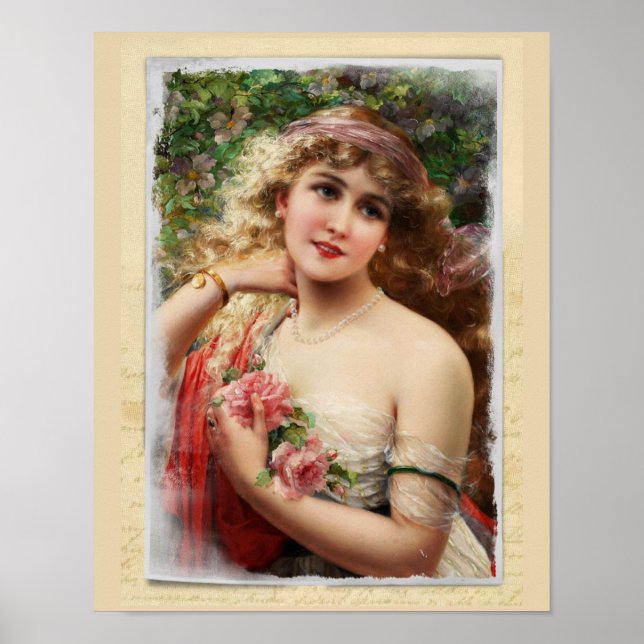 Poster Femme victorienne aux roses roses roses romantique (Devant)