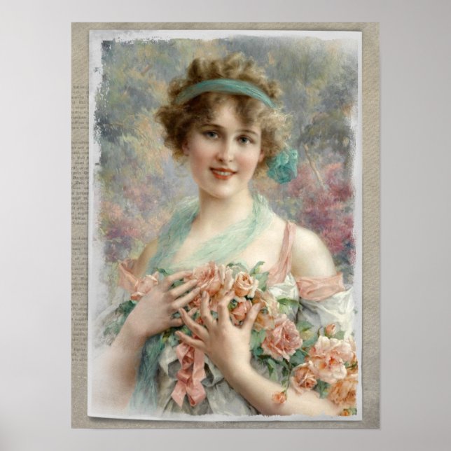 Poster Femme victorienne avec Rose sur Arrière - plan aqu (Devant)