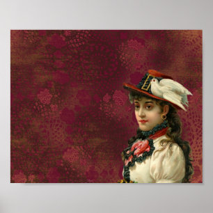 POSTER FEMME VICTORIENNE CHAPEAU D'OISEAU PORTRAIT VINTAG