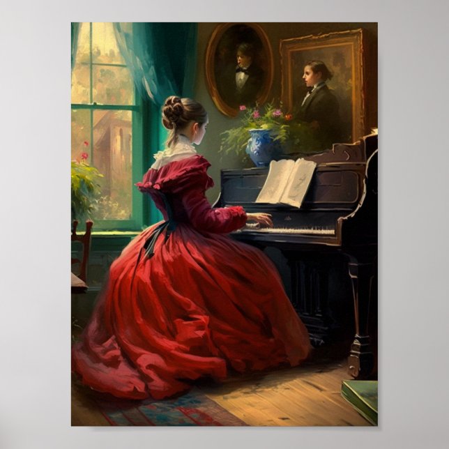 Poster Femme victorienne jouant du piano, peinture à l'hu (Devant)