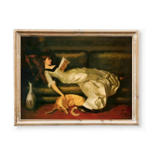 Poster Femme Victorienne Lecture Avec Chien, Tons Neutres