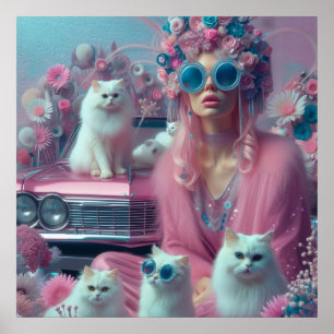 Poster Femme vintage rétro avec chats blancs