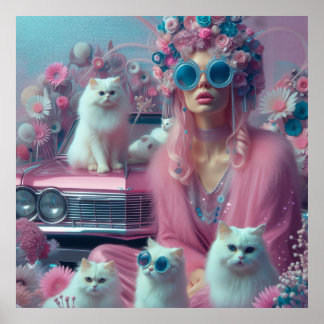 Poster Femme vintage rétro avec chats blancs