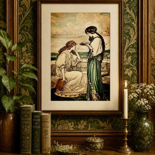 Poster Femmes Art Nouveau lisant au bord de la mer