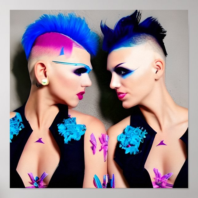 Poster Femmes avec Mohawks noirs, roses et bleus (Devant)