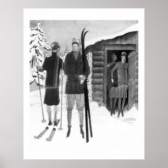 Poster Femmes branchées des années 1920 en voyage de ski  (Devant)