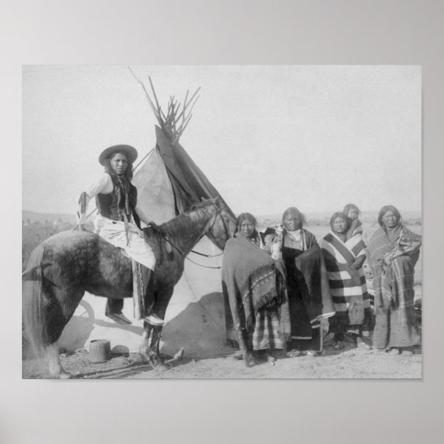 Poster Femmes Lakota avec bébés et homme à cheval (Devant)