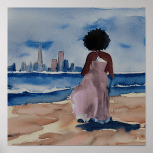 POSTER FEMMES NOIRES SUR LA PLAGE AVEC SAN FRANCISCO SKYL