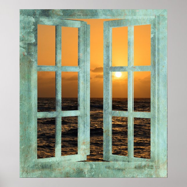Poster Fenêtre Coucher de soleil Hawaii (Devant)