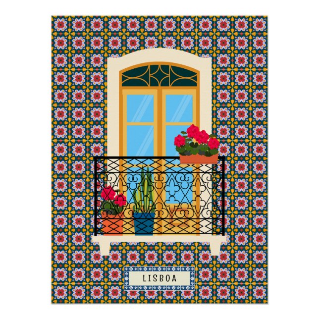 Poster Fenêtre de la maison de Lisbonne avec plantes et c (Devant)