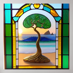 Poster Fenêtre de verre coloré scène de la nature