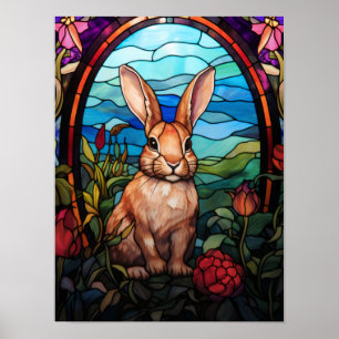 Poster Fenêtre de vitrail de lapin Art de jardin boisé