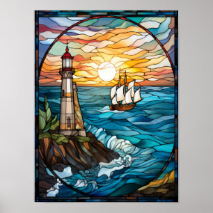 Poster Fenêtre de vitrail du phare et du voilier