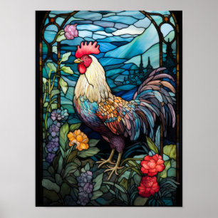 Poster Fenêtre en verre coloré Coq rustique Jardin de cam