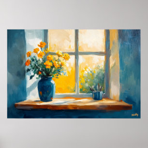 Poster Fenêtre ensoleillée fauviste avec fleurs – maison