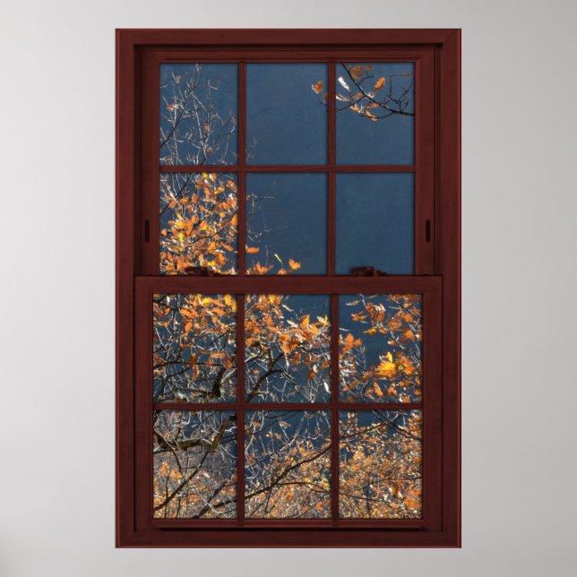 Poster Fenêtre Faux bois cerise Feuilles d'automne Vue 2  (Devant)