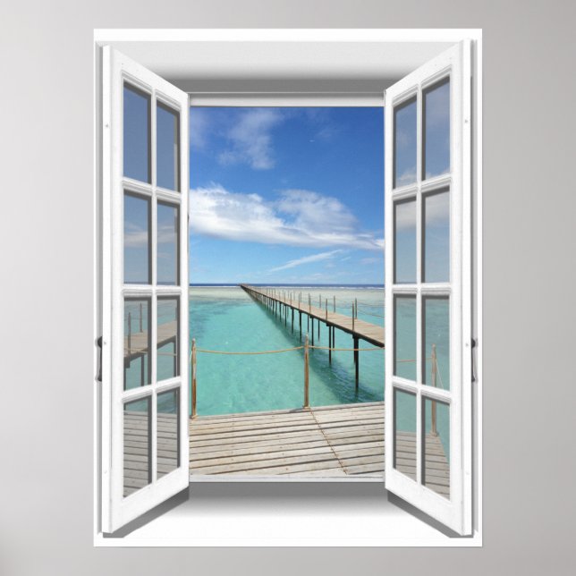 Poster Fenêtre Faux de vue 3D Boardwalk Ocean (Devant)