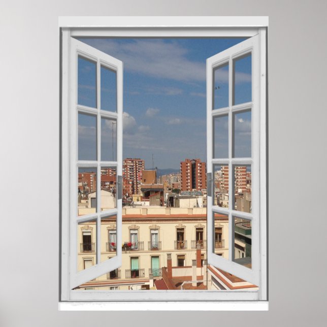 Poster Fenêtre Faux Vue Ville Méditerranée (Devant)
