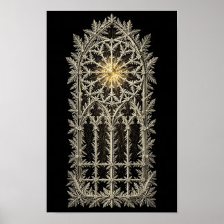 Poster Fenêtre gothique de givre avec centre de rose doré