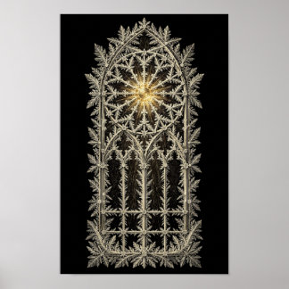 Poster Fenêtre gothique de givre avec centre de rose doré