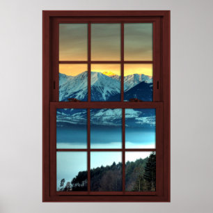 Poster Fenêtre Image en bois cerise Vue en montagne 2 de 