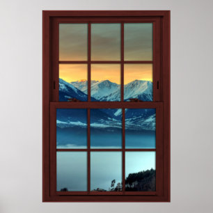 Poster Fenêtre Image en bois de cerisier Vue en montagne 