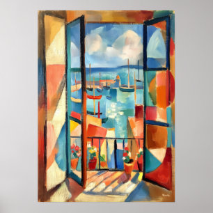 Poster Fenêtre ouverte cubiste au bord de la mer