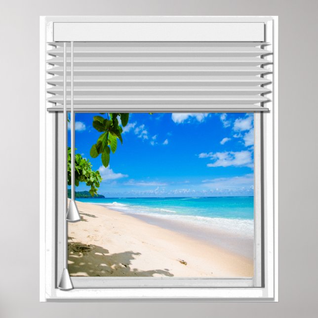 Poster Fenêtre Tropical Ocean View Avec Aveugles (Devant)