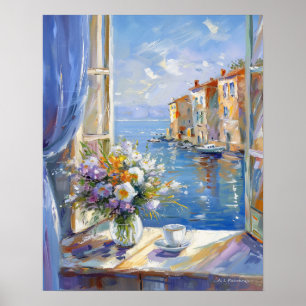 Poster Fenêtre Vase de fleurs avec vue sur la côte italie