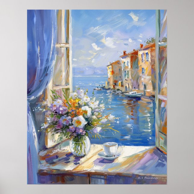 Poster Fenêtre Vase de fleurs avec vue sur la côte italie (Devant)