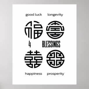 Poster Feng Shui Wall Art Quatre Bénédictions Noir et Bla
