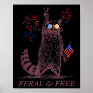 Poster Feral & ; Free Funky Patriotic Racoon Feral Et