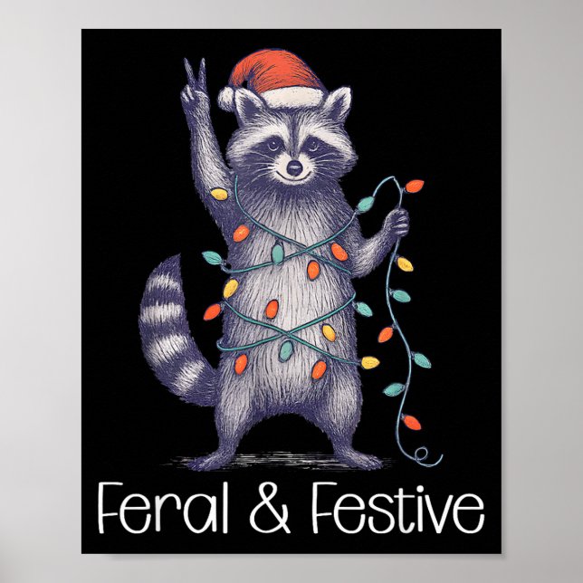 Poster Feral And Festive Raccoon, Funny Christmas  (Devant)
