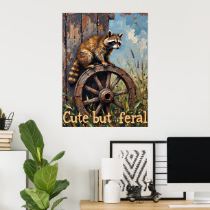 Poster Féral et Fantaisie : Raton laveur sur roue vintage