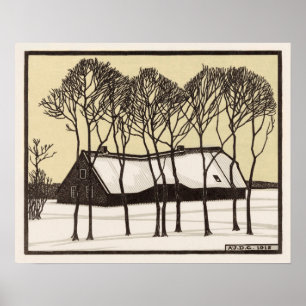 Poster Ferme dans la neige par Julie de Graag Art Nouveau
