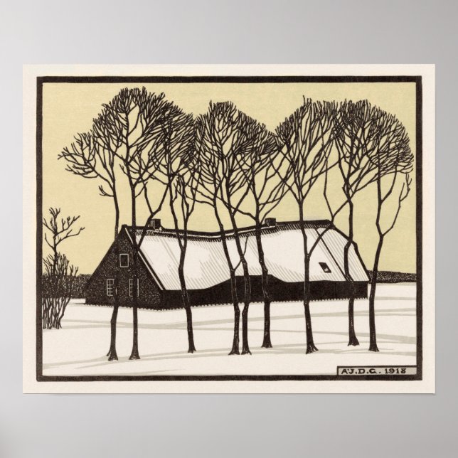 Poster Ferme dans la neige par Julie de Graag Art Nouveau (Devant)