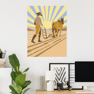 Poster Ferme et Cheval Labourant le Champ Lever de Soleil
