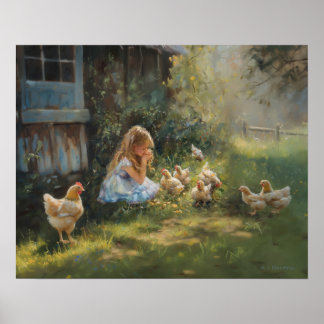 Poster Ferme fille avec poulets Agritourisme Agritourisme