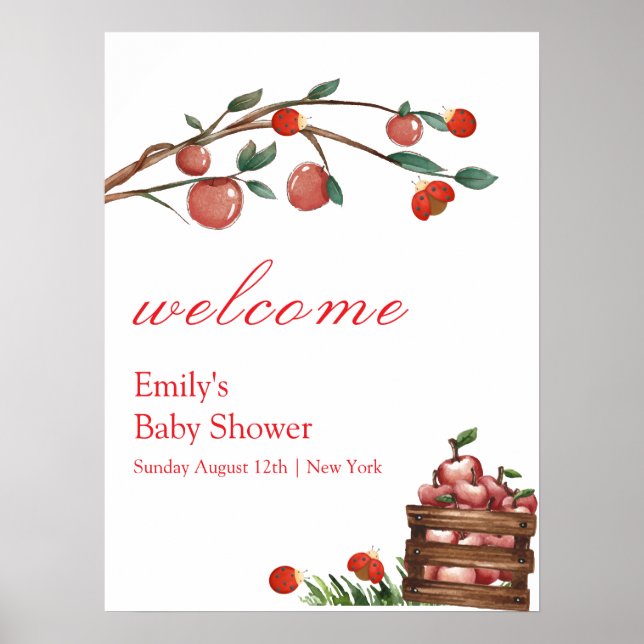 Poster Ferme rustique Ladybug Apple Baby shower fille Bie (Devant)