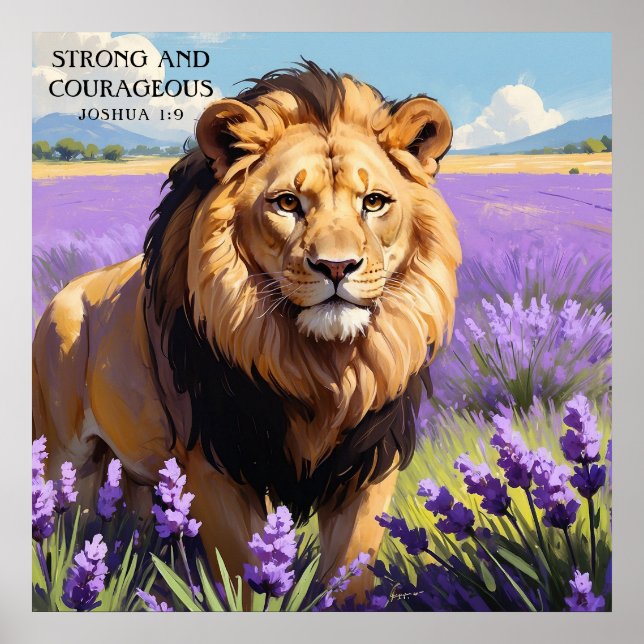 Poster Fermer le lion dans la peinture de champ de fleurs (Devant)