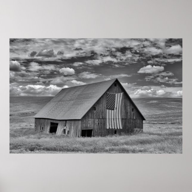 Poster Fermes | BW American Flag Barn Scene (Devant)