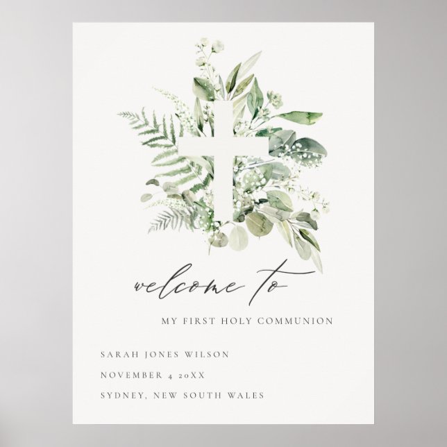 Poster Fern Foliage Cross Première Communion Sainte Bienv (Devant)