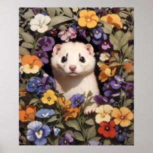 Poster Ferret Cute Niché Dans Le Jardin De Pansies