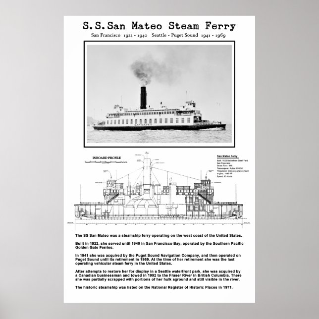Poster Ferry à vapeur SAN MATEO - 1922 - 1969 (Devant)