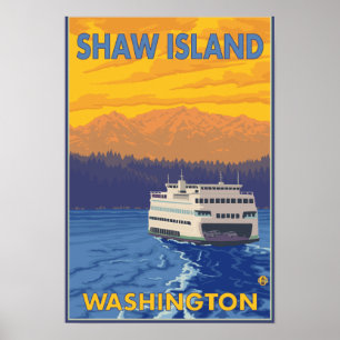 Poster Ferry and Mountains - Shaw Island, Washington