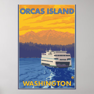 Poster Ferry et montagnes - orques île, Washington