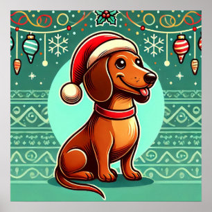 Poster Festif Dachshund portant le chapeau du Père Noël