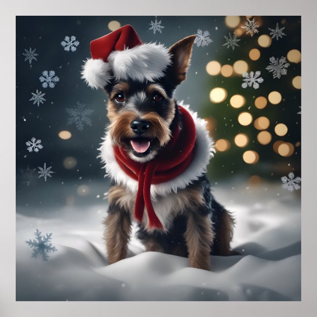 Poster Festif de Noël mignon Terrier Chien avec chapeau d (Devant)